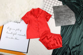 Pure Color Silk Short-Sleeved Shirt Shorts Two-Piece Pajamas Women