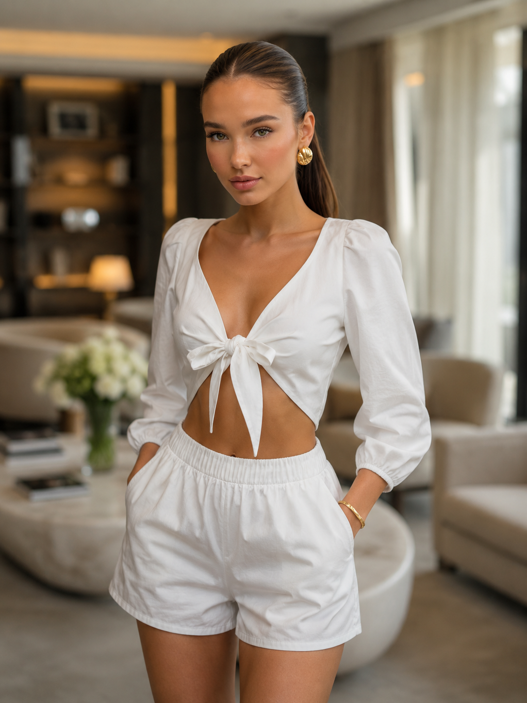 Sleeve Tops Shorts Elastic Waist Wide Leg Short Suit Sets