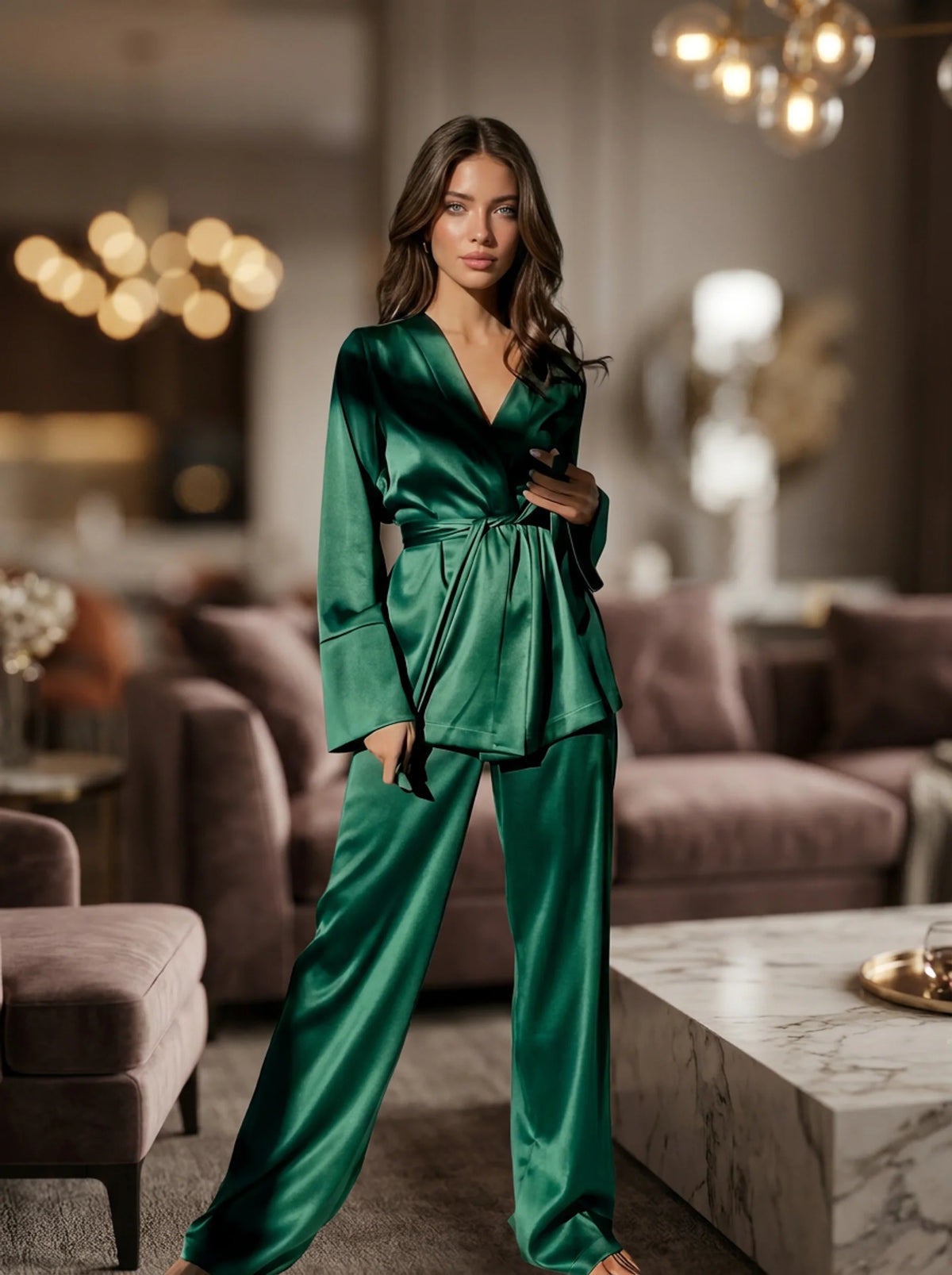 Satin Casual Two Piece Satin Loose Cardigan Pajama Set